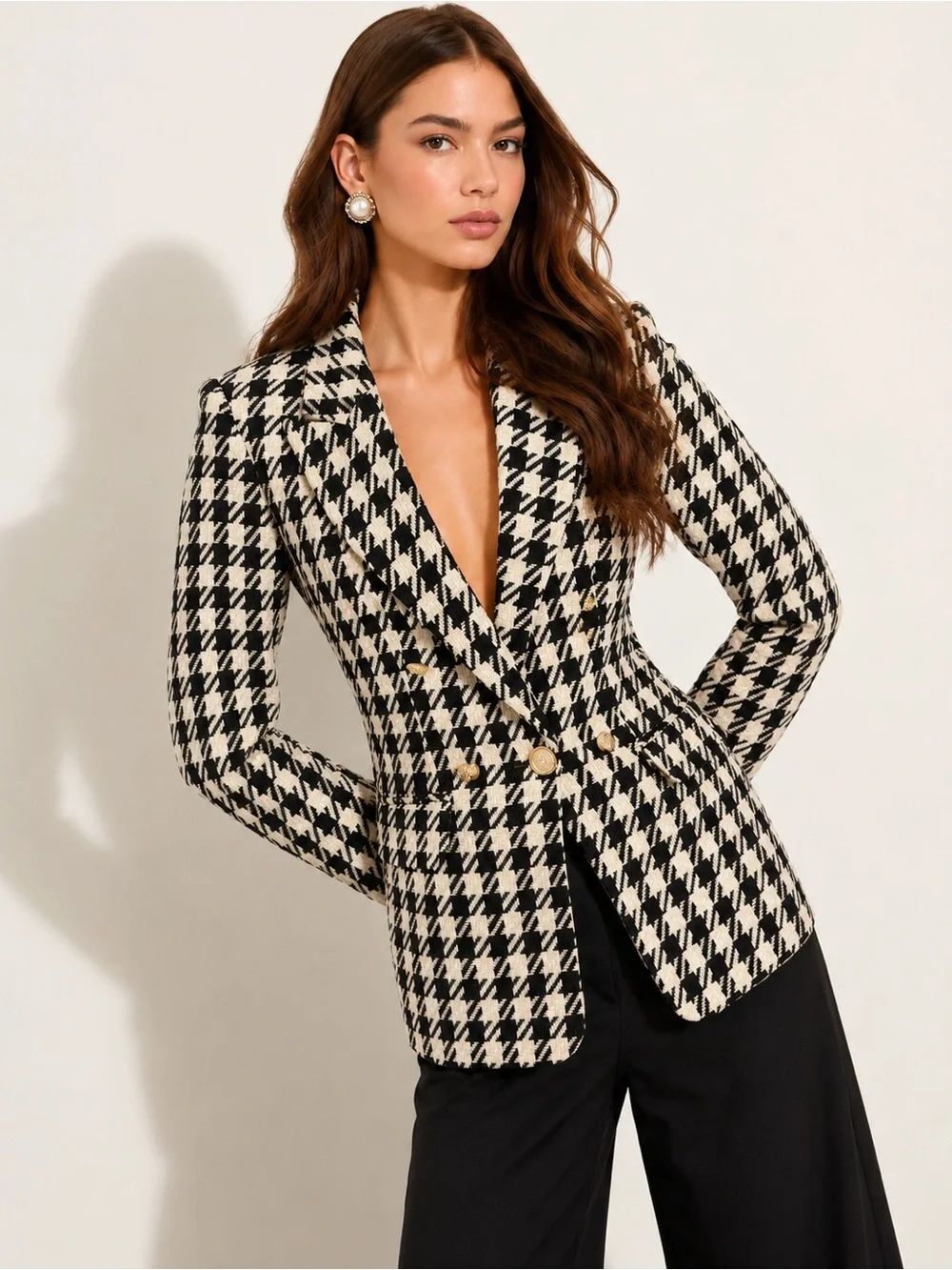 Zara Houndstooth Double-Breasted Blazer – Black & White Gold Button Jacket NWOT